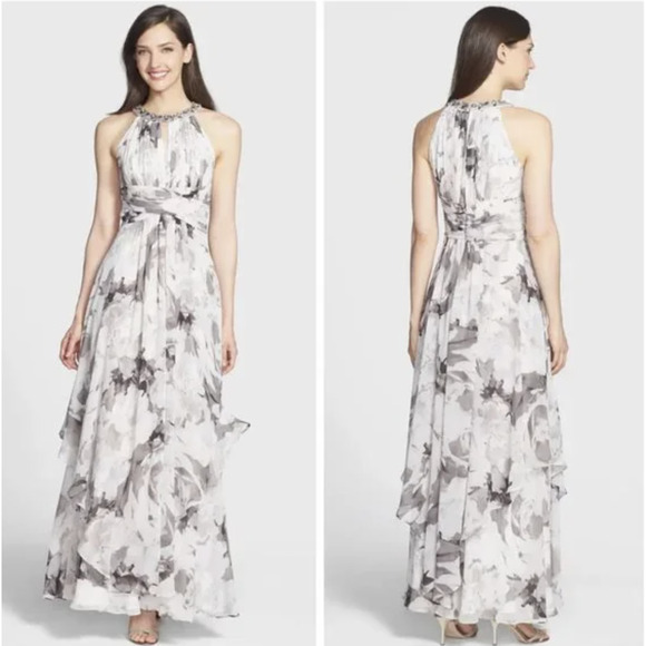 Eliza J Dresses & Skirts - NWT Eliza J Ivory Gray Floral Print Tiered Halter Evening Formal Maxi Dress Sz 6